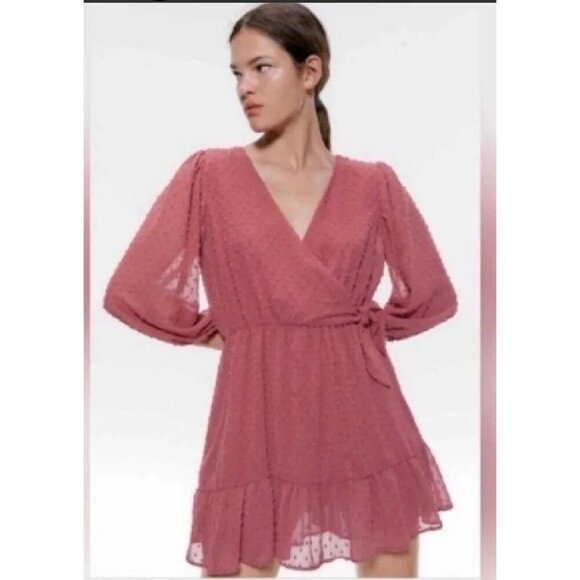 ZARA Rose Clip Dot Romper Dress women's M coquette ruffled tie flirty plunge - Picture 13 of 13